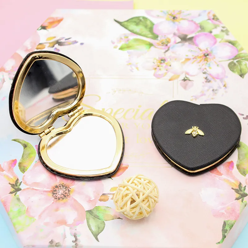 Two-Sides Heart Bee Portable Silver Metal Makeup Mirror for Bedroom Bathroom