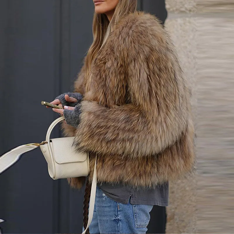 Solid Color Long Sleeve Faux Fur Coat Elegant Winter Plush Coat for Women