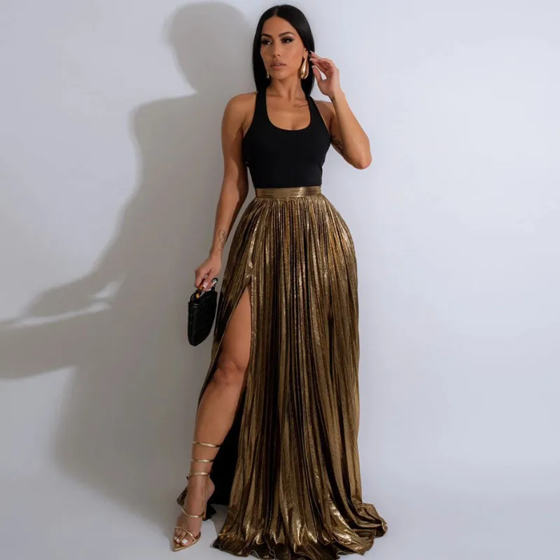 Women Solid Color Tank Top Bronzing Pleated Skirt Set