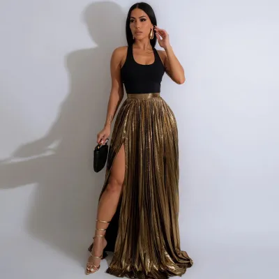 Women Solid Color Tank Top Bronzing Pleated Skirt Set