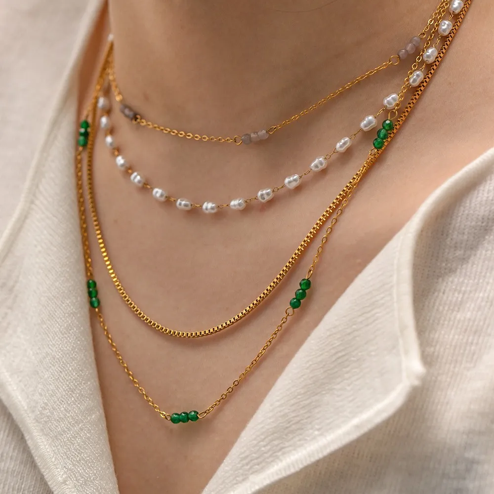 18k Gold Plated Stainless Steel Pearl Necklace Geometric Fashion Chain