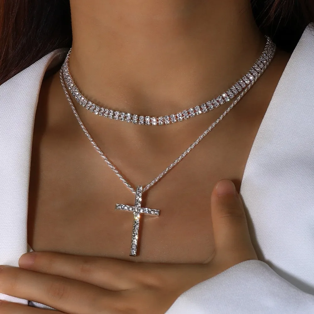 Double-Layer Rhinestone Cross Necklace