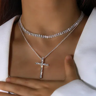 Double-Layer Rhinestone Cross Necklace