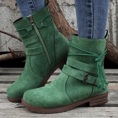 Women Vintage Plus Size Buckle Square-Heel Round-Toe Boots