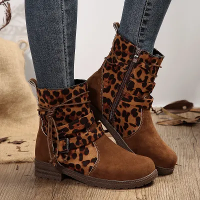 Women Vintage Plus Size Buckle Square-Heel Round-Toe Boots