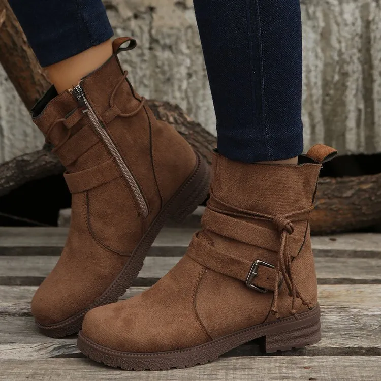 Women Vintage Plus Size Buckle Square-Heel Round-Toe Boots