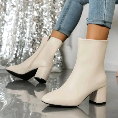 Women Fashion Square Toe Solid Color High Heel Ankle Boots