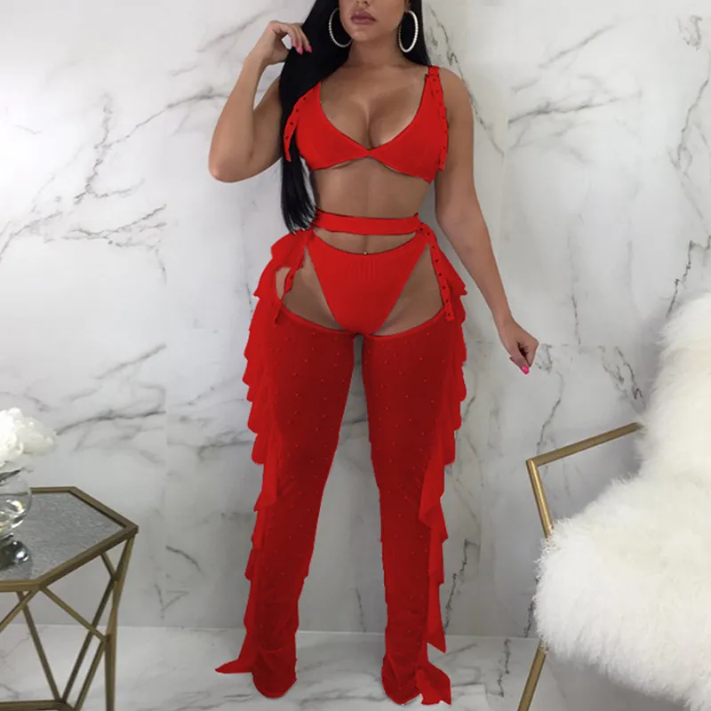 Women Sexy Mesh Beaded Ruffled Pants Set Elegant Style