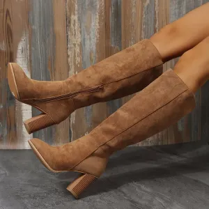 Women Vintage Suede Square Heel Knee High Boots Solid Color Slip On