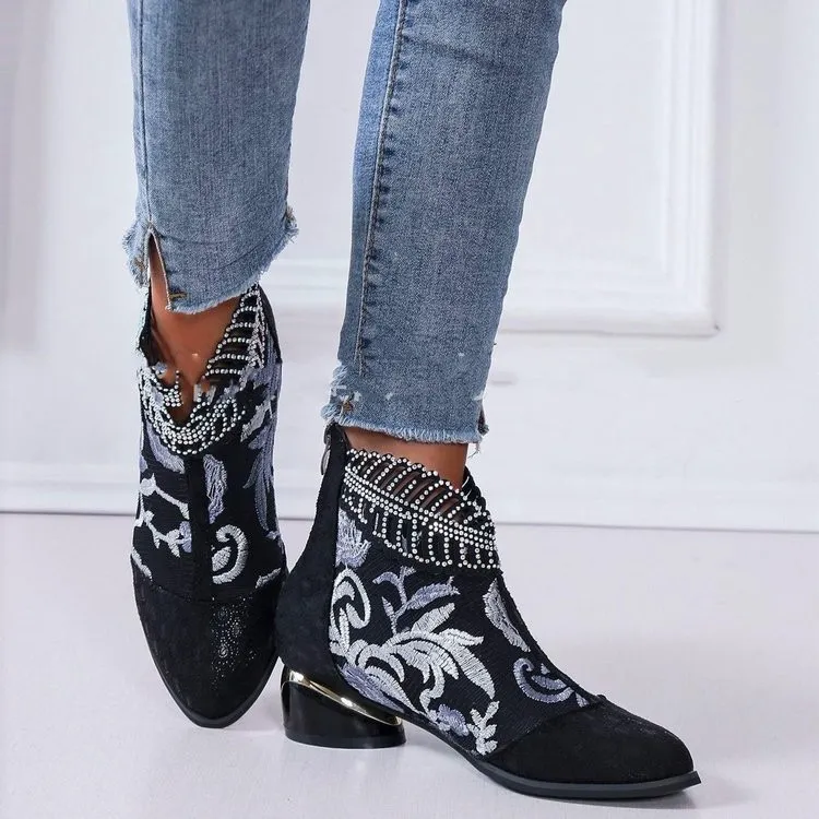 Plus Size Vintage Ethnic Embroidered Suede Ankle Boots for Women