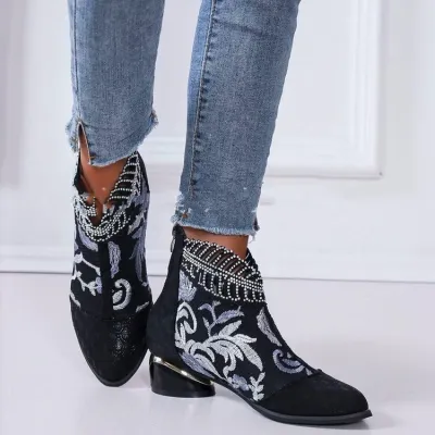 Plus Size Vintage Ethnic Embroidered Suede Ankle Boots for Women