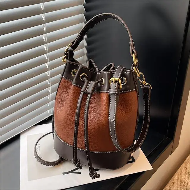 Vintage Patchwork Drawstring Bucket Shoulder Bag PU Urban Simplicity