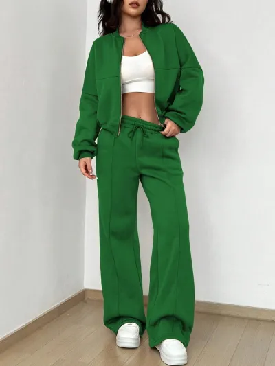 Women Casual Solid Zip Top And Pants Two-Piece Set