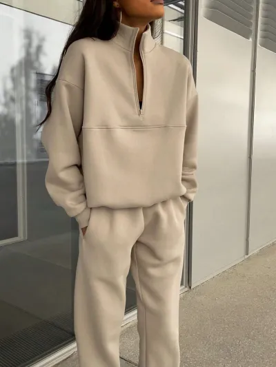 Women Casual Solid Zip Sweatshirt And Pants Two-Piece Set
