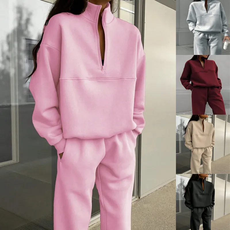 Women Casual Solid Zip Sweatshirt And Pants Two-Piece Set