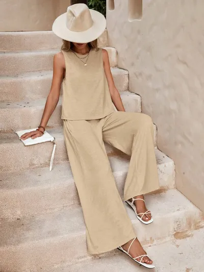 Women Casual Sleeveless Top And Wide-Leg Pants Set