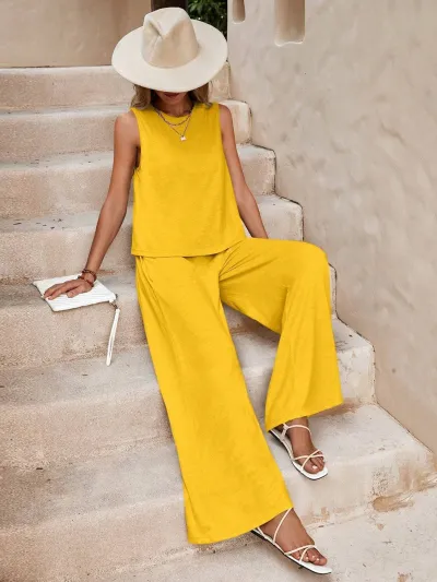 Women Casual Sleeveless Top And Wide-Leg Pants Set