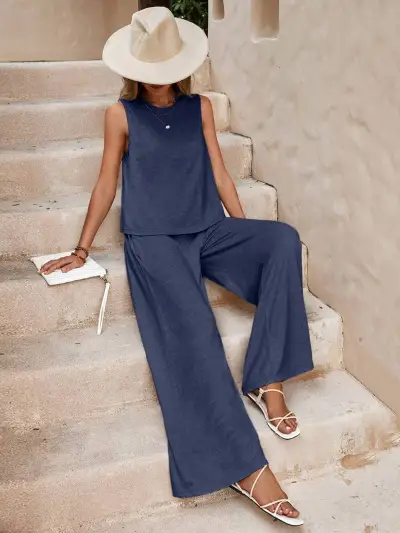 Women Casual Sleeveless Top And Wide-Leg Pants Set