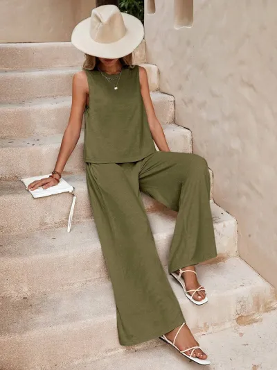 Women Casual Sleeveless Top And Wide-Leg Pants Set