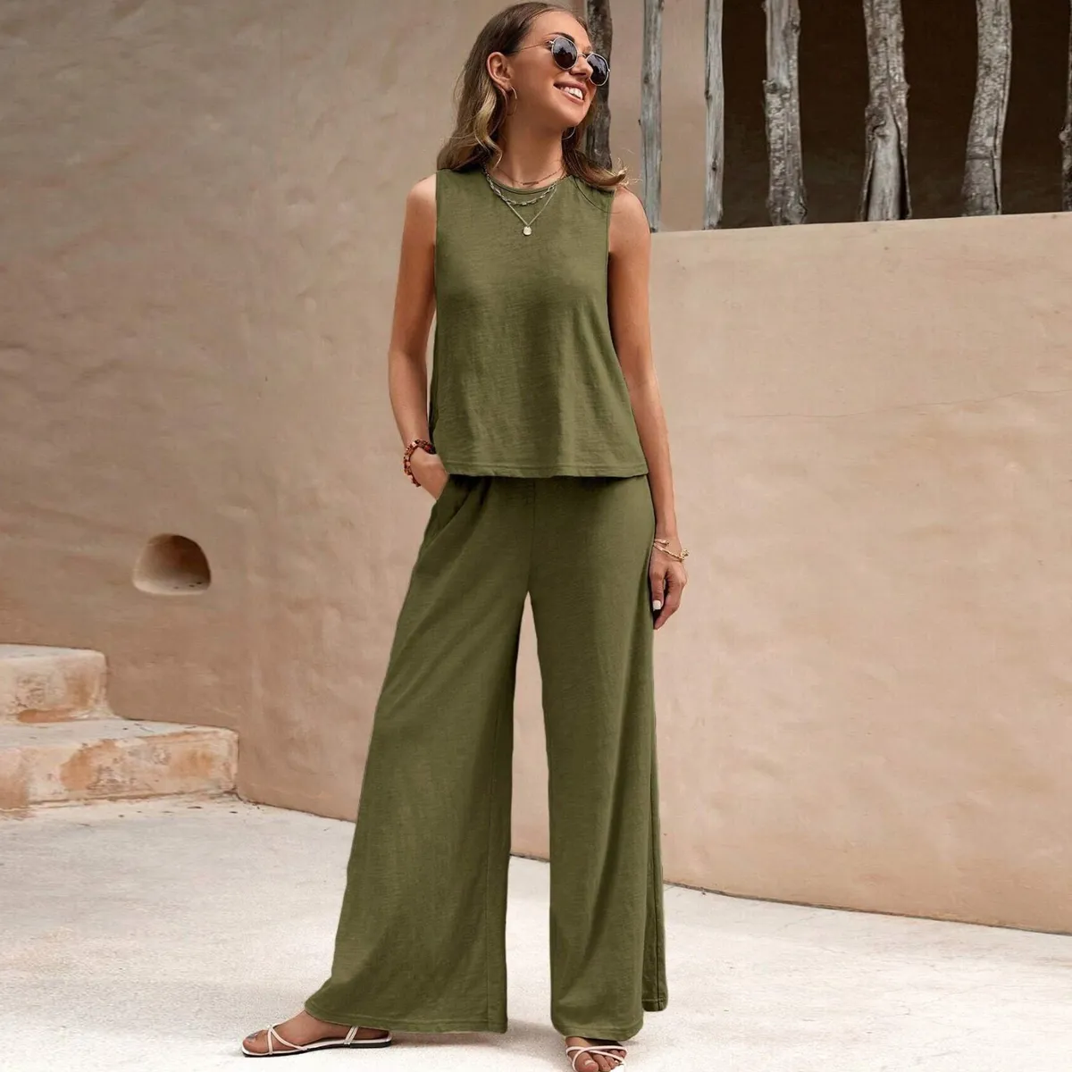 Women Casual Sleeveless Top And Wide-Leg Pants Set