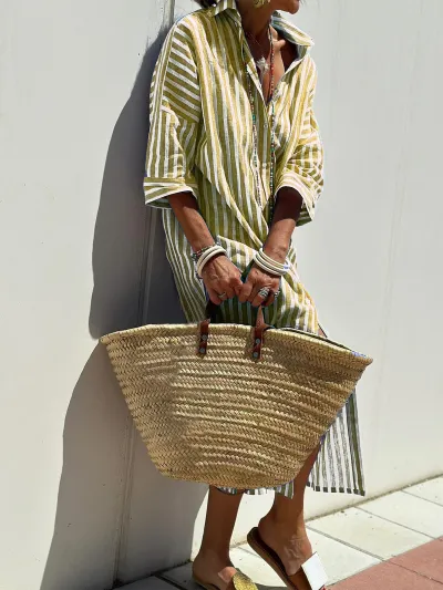 Women Casual Lapel Stripe Shirt Split Midi Dress