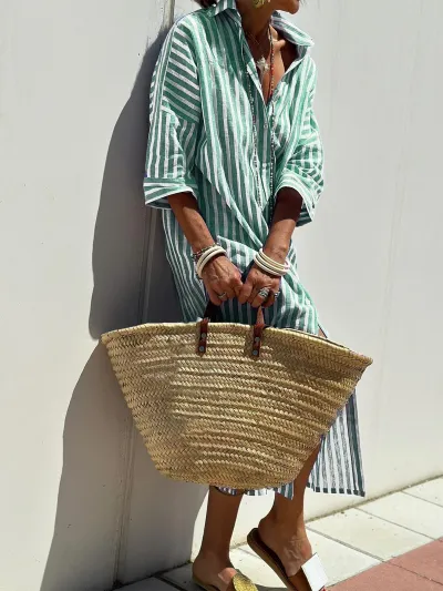 Women Casual Lapel Stripe Shirt Split Midi Dress