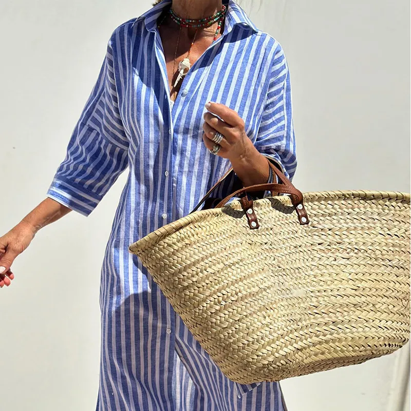 Women Casual Lapel Stripe Shirt Split Midi Dress