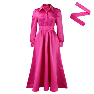 Women Plus Size Autumn Winter Large Swing Solid Color Lapel Long Sleeve A-Line Midi Dress