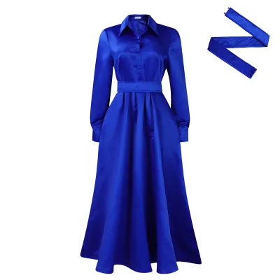 Women Plus Size Autumn Winter Large Swing Solid Color Lapel Long Sleeve A-Line Midi Dress