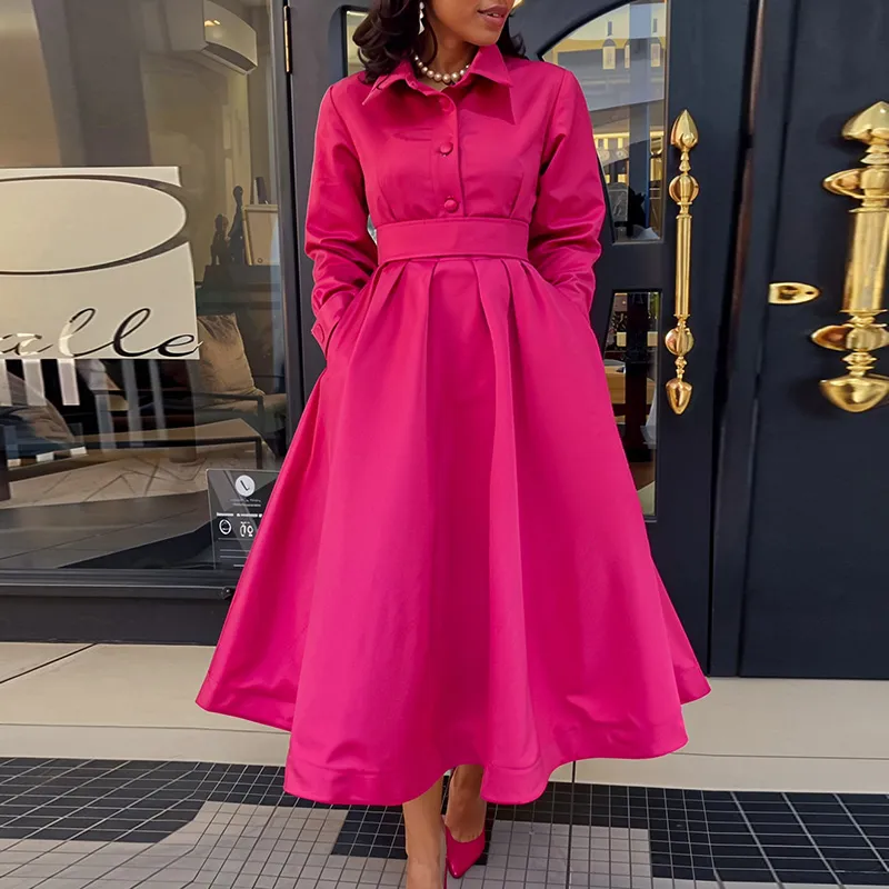 Women Plus Size Autumn Winter Large Swing Solid Color Lapel Long Sleeve A-Line Midi Dress