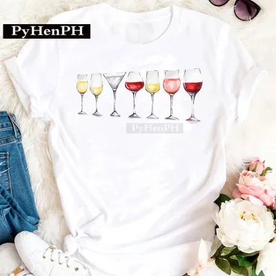 Women's Modal Loose Fit Short-Sleeved T-Shirt with Geometric Wine Glass Print - Literature And Art Retro Style