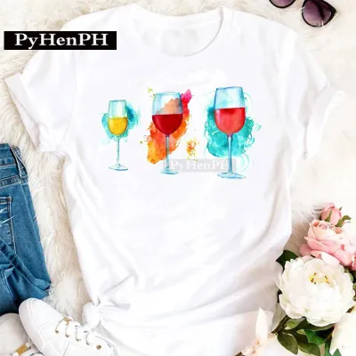 Women's Modal Loose Fit Short-Sleeved T-Shirt with Geometric Wine Glass Print - Literature And Art Retro Style