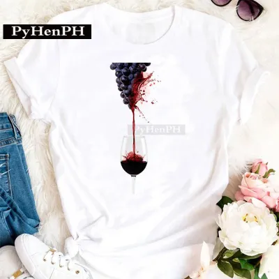 Women's Modal Loose Fit Short-Sleeved T-Shirt with Geometric Wine Glass Print - Literature And Art Retro Style