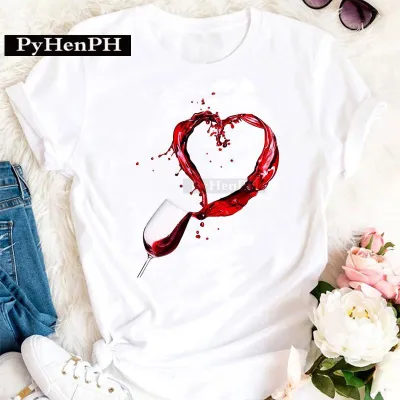 Women's Modal Loose Fit Short-Sleeved T-Shirt with Geometric Wine Glass Print - Literature And Art Retro Style