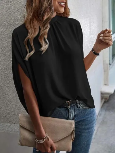 Women Summer Casual Solid Color Bat Sleeve Blouse