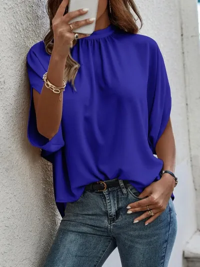 Women Summer Casual Solid Color Bat Sleeve Blouse