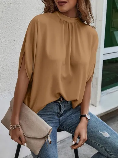 Women Summer Casual Solid Color Bat Sleeve Blouse