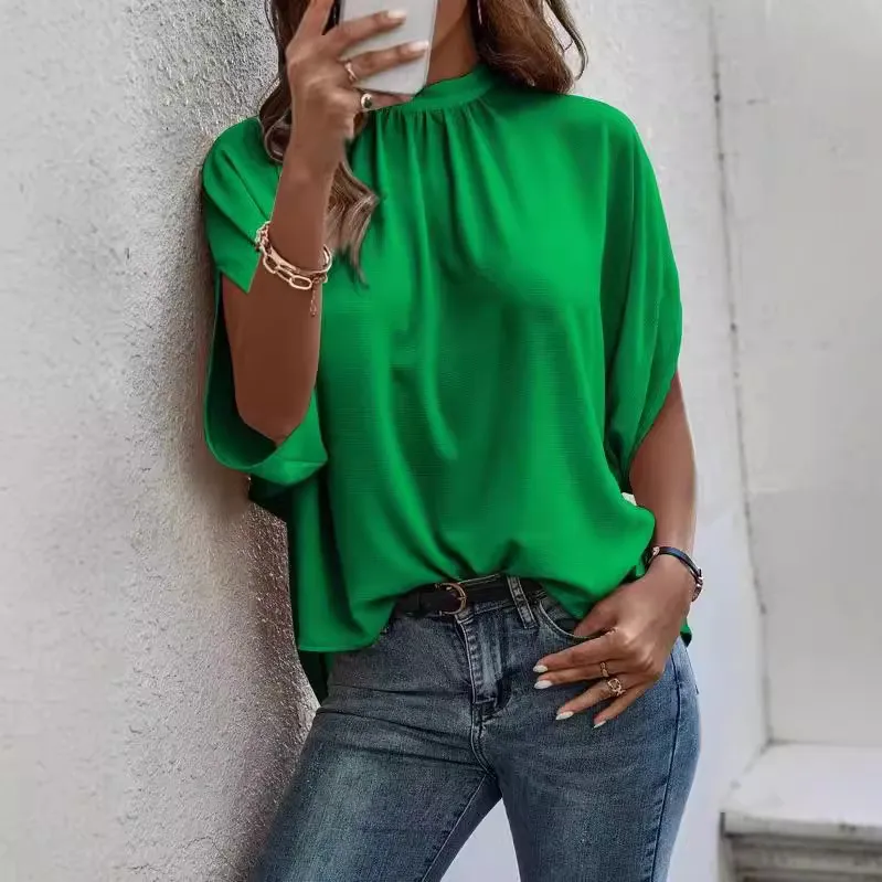 Women Summer Casual Solid Color Bat Sleeve Blouse
