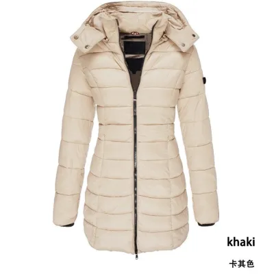 Winter Women Cotton-Padded Quilted Down Coat Mid-Length Slim-Fit Hooded Zipper Jacket