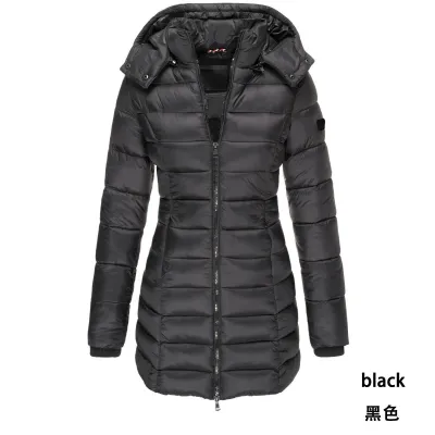 Winter Women Cotton-Padded Quilted Down Coat Mid-Length Slim-Fit Hooded Zipper Jacket
