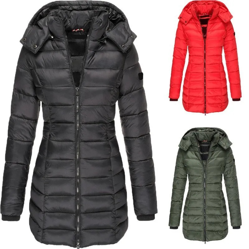 Winter Women Cotton-Padded Quilted Down Coat Mid-Length Slim-Fit Hooded Zipper Jacket