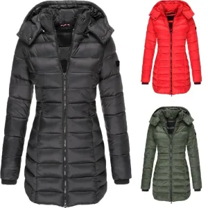 Winter Women Cotton-Padded Quilted Down Coat Mid-Length Slim-Fit Hooded Zipper Jacket