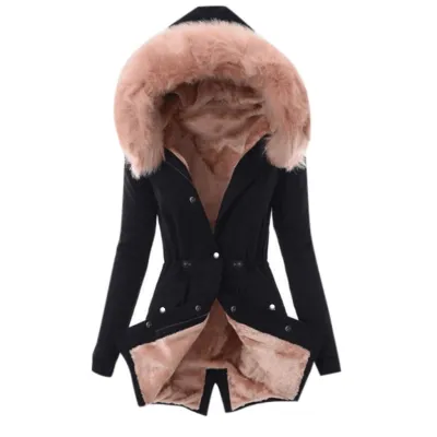 Women Plush Winter Cotton-Padded Hooded Slim-Fit Warm Zipper Jacket