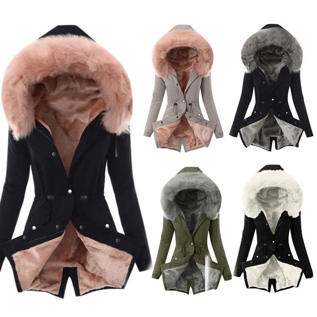 Women Plush Winter Cotton-Padded Hooded Slim-Fit Warm Zipper Jacket