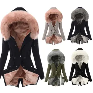 Women Plush Winter Cotton-Padded Hooded Slim-Fit Warm Zipper Jacket