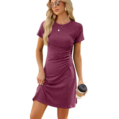 Summer Basic Solid Color Round Neck Pleated Slim-Fit Short-Sleeve Dress