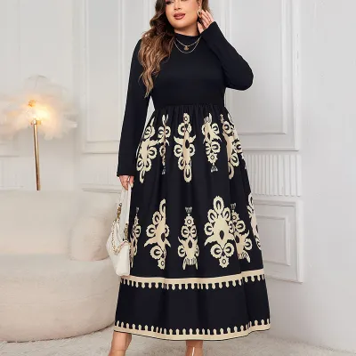 High Waist Dress Autumn Winter Women Black Printed Plus Size Loose Long Sleeve Elegant Wind