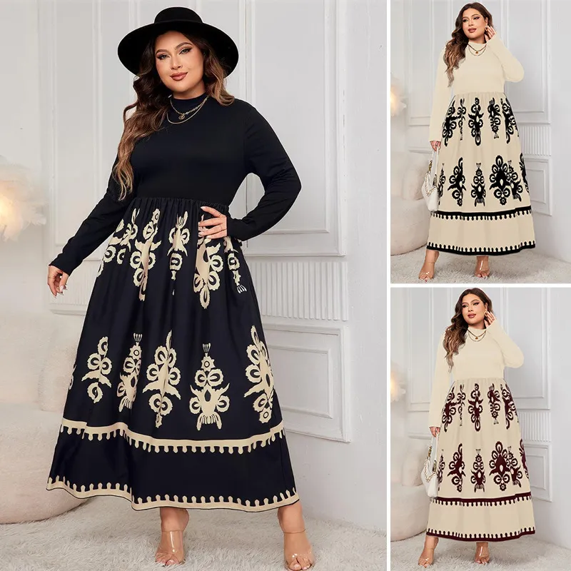 High Waist Dress Autumn Winter Women Black Printed Plus Size Loose Long Sleeve Elegant Wind
