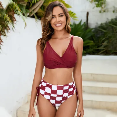Women Summer Colorblock Leaf Printed Split Bikini Swimsuit