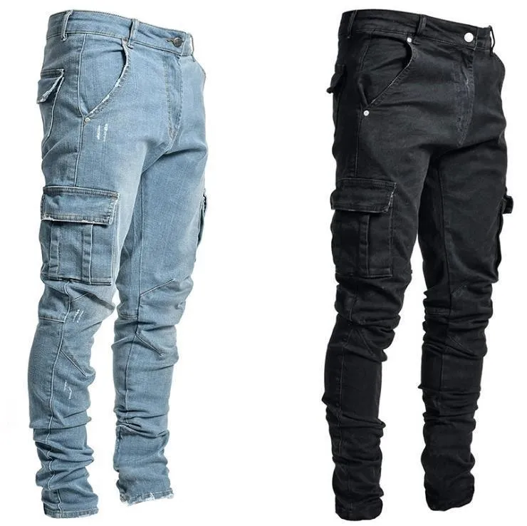 Men Side Pocket Skinny Straight Cargo Jeans